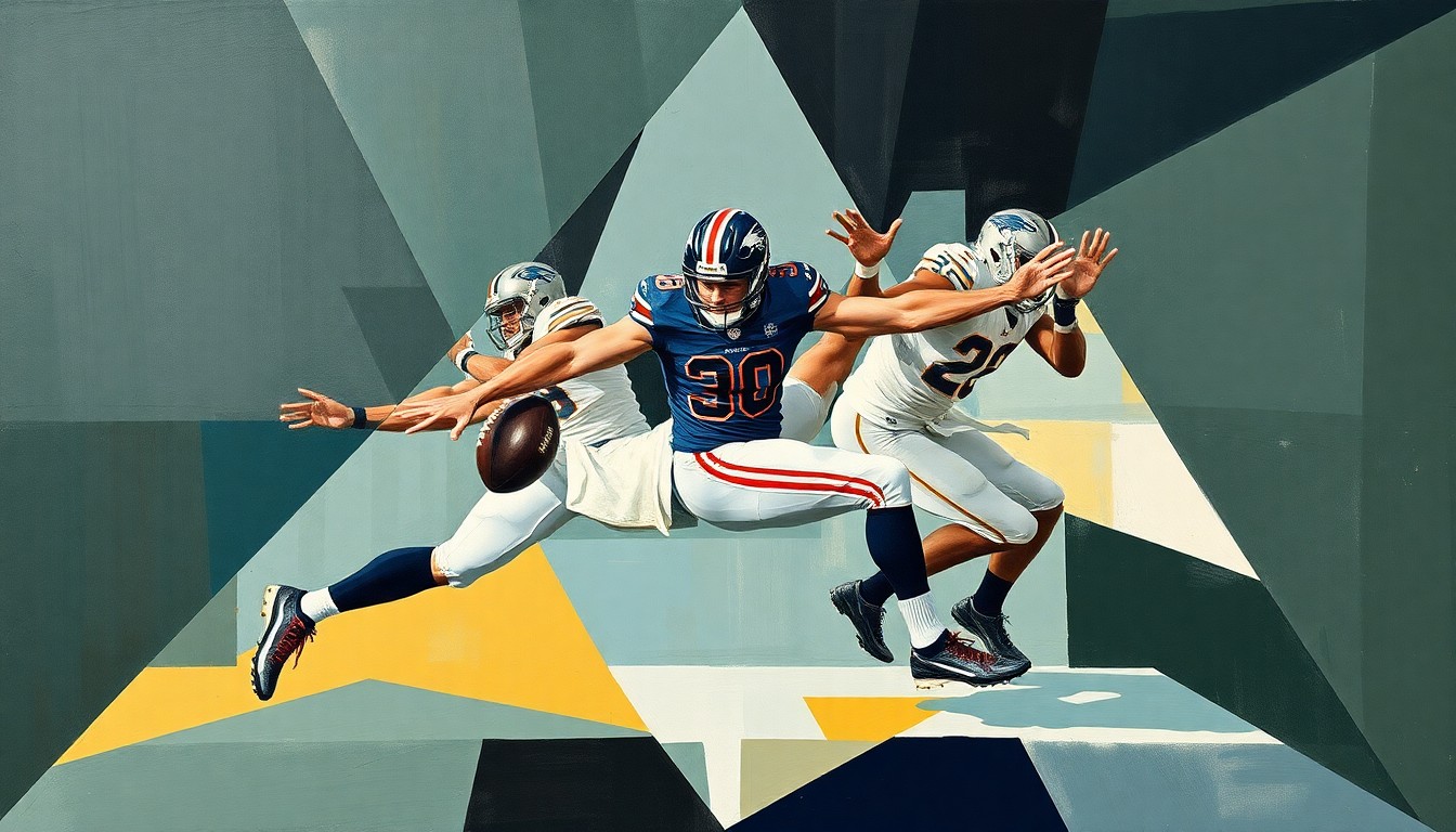A fractured, multi-perspective painting depicting Christian McCaffrey
