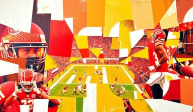 A cubist, geometric painting featuring overlapping planes of red, gold, and white, conceptually representing the complex strategic considerations behind the Kansas City Chiefs