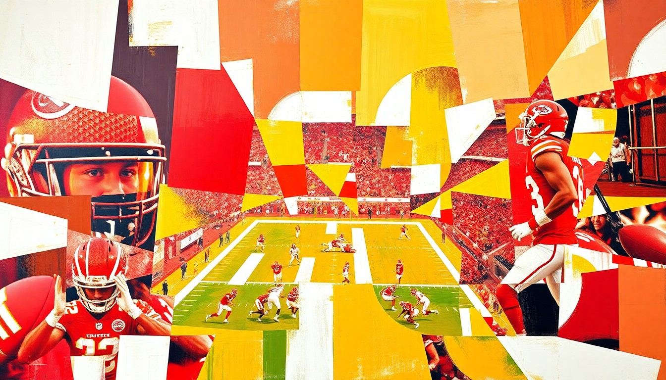 A cubist, geometric painting featuring overlapping planes of red, gold, and white, conceptually representing the complex strategic considerations behind the Kansas City Chiefs