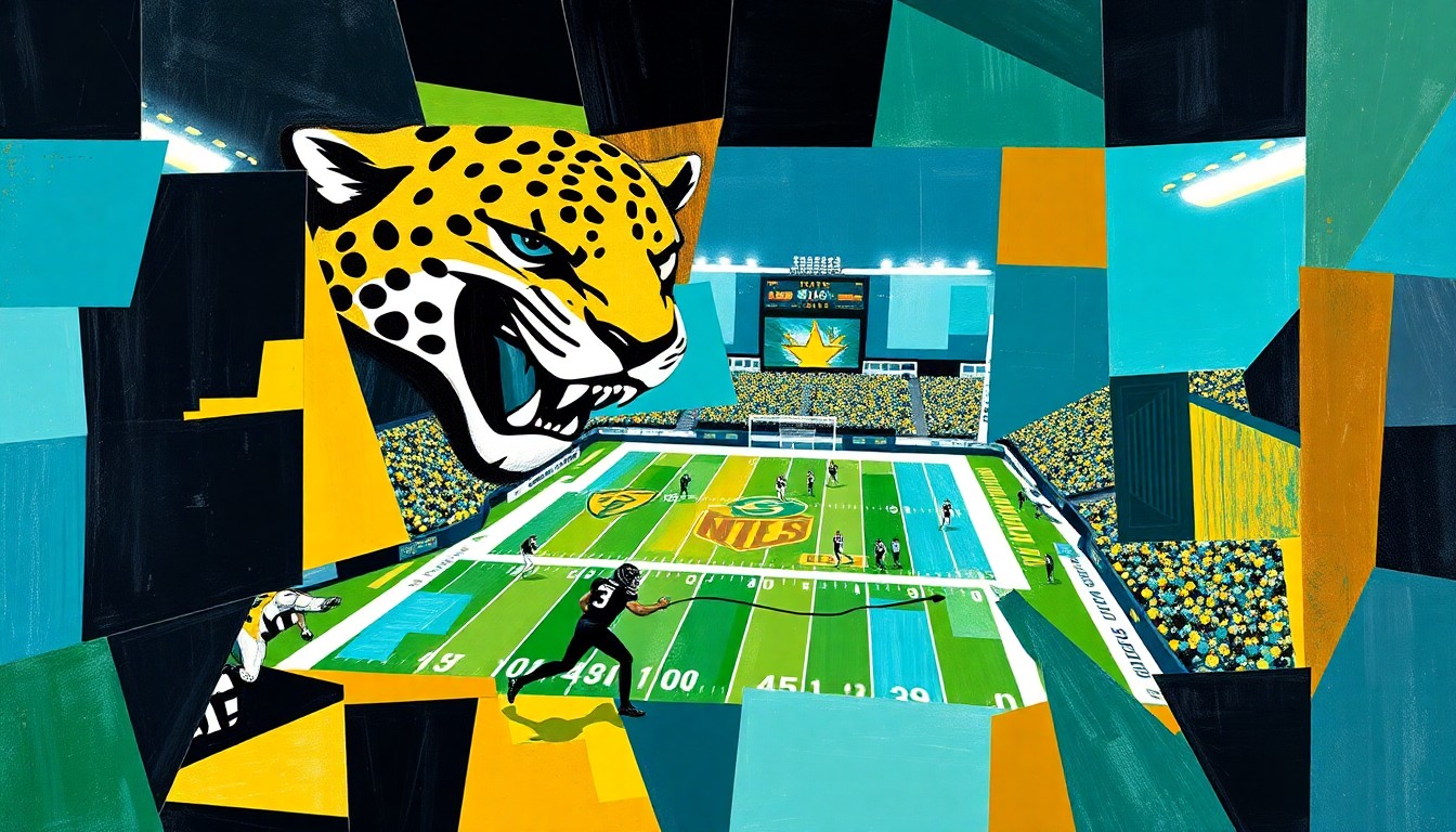 A cubist-style painting featuring overlapping geometric shapes and planes in the Jaguars