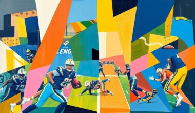 A fragmented, cubist-style painting depicting a football game in progress, with the players and field broken down into sharp, overlapping geometric shapes in the Chargers
