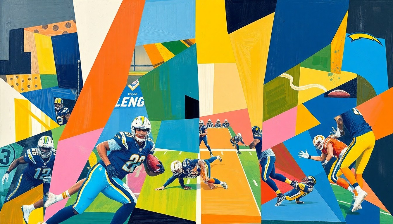 A fragmented, cubist-style painting depicting a football game in progress, with the players and field broken down into sharp, overlapping geometric shapes in the Chargers