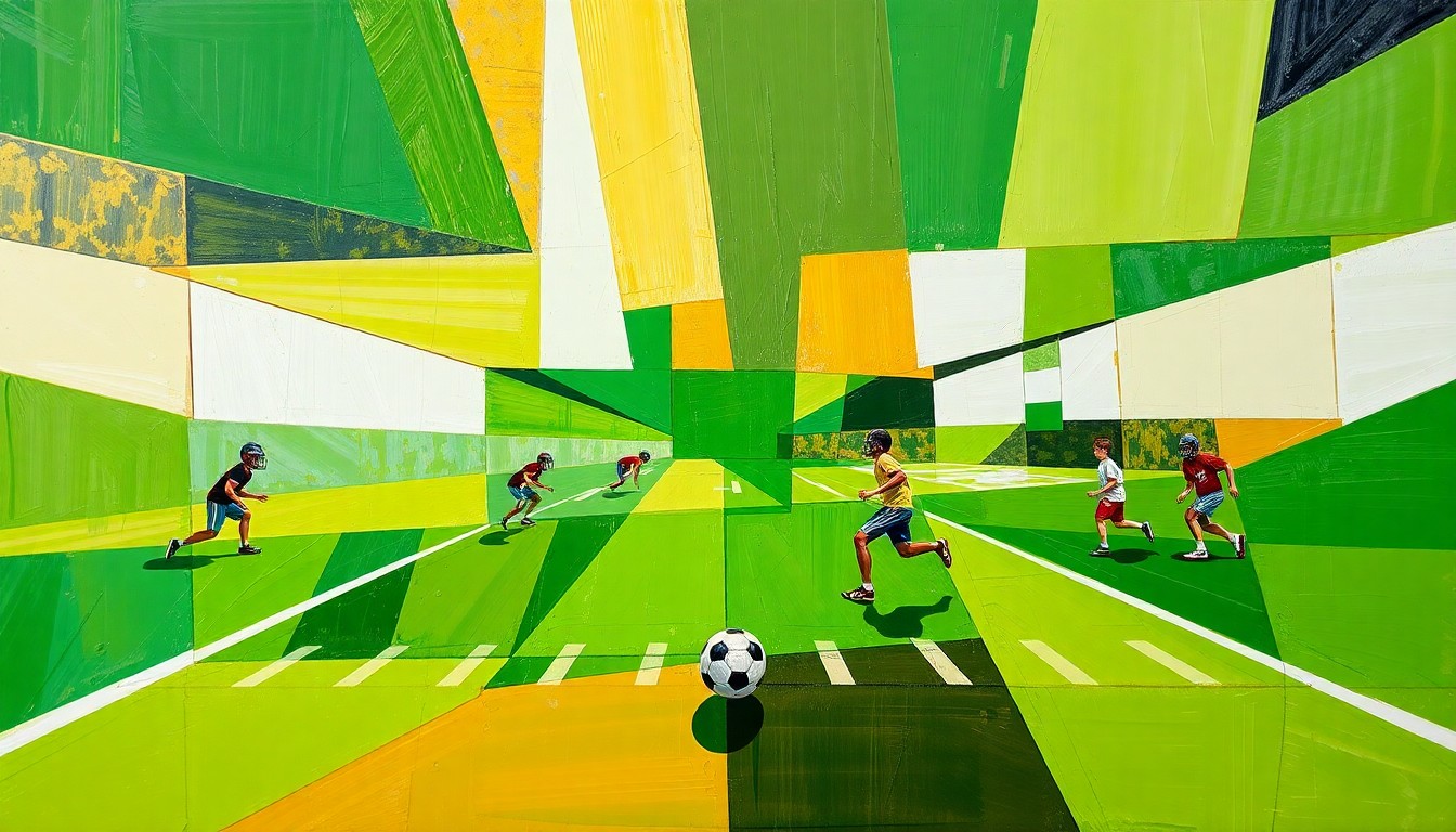 A cubist, fragmented painting depicting various angles and perspectives of children participating in football drills and activities, with the shapes and colors conveying a sense of dynamic motion and energy.