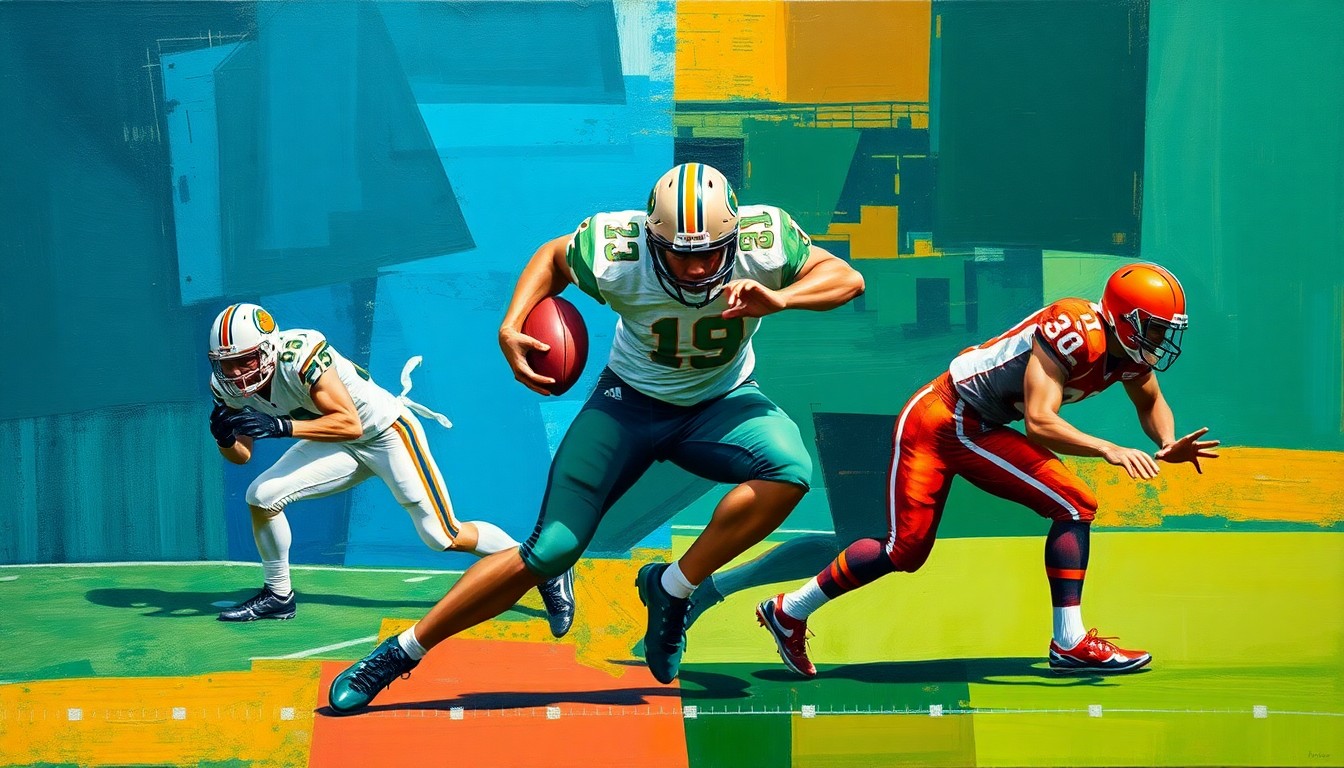 A fragmented, cubist-style painting depicting a football player in motion, with sharp geometric shapes and planes in vibrant colors representing both offensive and defensive actions, conveying the complexity and versatility of the player