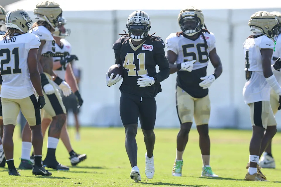 Jul 28, 2025; Metairie, LA, USA; New Orleans Saints running back Alvin Kamara (41) on a running play during training camp at Ochsner Sports Performance Center. Mandatory Credit: Stephen Lew-Imagn Images