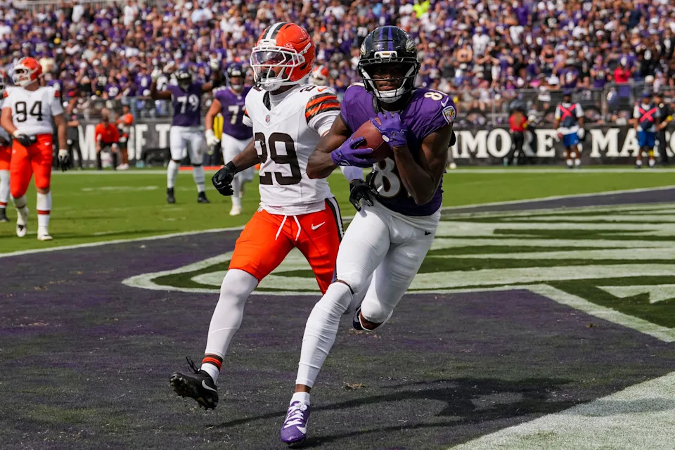 Sep 14, 2025; Baltimore, Maryland, USA; Baltimore Ravens wide receiver Devontez Walker (81) scores a touch down during the third quarter at M&T Bank Stadium. Mandatory Credit: Mitch Stringer-Imagn Images