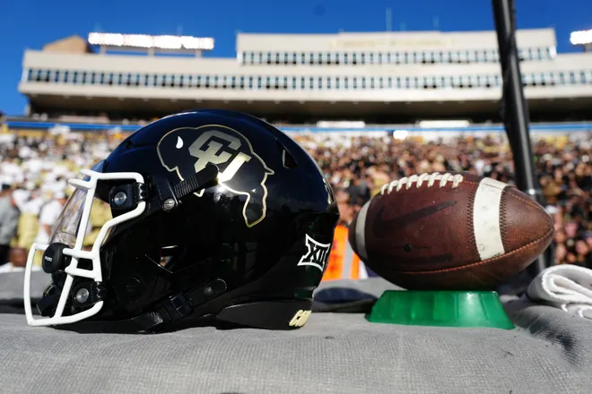 Aug 29, 2024; Boulder, Colorado, USA; Detailed view of the helmet worn by Colorado Buffaloes quarterback Shedeur Sanders (2) (not pictured) before the game against the North Dakota State Bison at Folsom Field. Mandatory Credit: Ron Chenoy-USA TODAY Sports