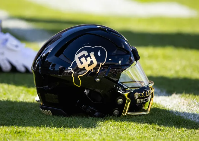 Oct 7, 2023; Tempe, Arizona, USA; Detailed view of a Colorado Buffaloes helmet at Mountain America Stadium. Mandatory Credit: Mark J. Rebilas-USA TODAY Sports