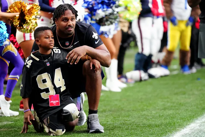 LAS VEGAS, NEVADA - FEBRUARY 05: Cam Jordan #94 of the New Orleans Saints and NFC looks on during the 2023 NFL Pro Bowl Games at Allegiant Stadium on February 05, 2023 in Las Vegas, Nevada. (Photo by Jeff Bottari/Getty Images)