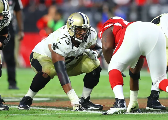 Dec 18, 2016; Glendale, AZ, USA; New Orleans Saints guard Jahri Evans (73) against the Arizona Cardinals at University of Phoenix Stadium. The Saints defeated the Cardinals 48-41. Mandatory Credit: Mark J. Rebilas-USA TODAY Sports