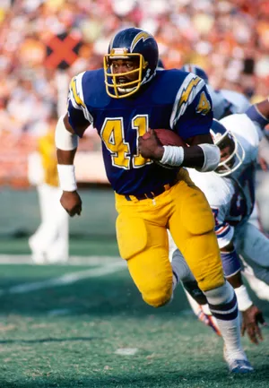 Nov 13, 1977; San Diego, CA, USA; FILE PHOTO; San Diego Chargers running back Bo Matthews (41) carries the ball against the Denver Broncos at Jack Murphy Stadium. Mandatory Credit: Darryl Norenberg-USA TODAY Sports