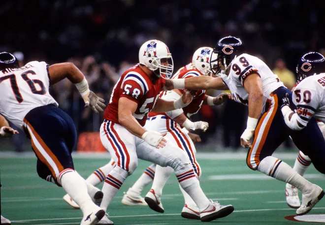 Jan 26, 1986; New Orleans, LA, USA; FILE PHOTO; New England Patriots center Pete Brock (58) and Chicago Bears defensive end Dan Hampton (99) in action during Super Bowl XX at the Louisiana Superdome. The Bears defeated the Patriots 46-10. Mandatory Credit: Photo By Manny Rubio-USA TODAY Sports © Copyright Manny Rubio