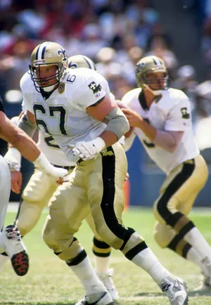 Sep 29, 1991; Atlanta, GA, USA; FILE PHOTO; New Orleans Saints tackle Stan Brock (67) in action against the Atlanta Falcons at Fulton County Stadium. Mandatory Credit: Manny Rubio-USA TODAY Sports