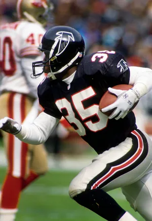 Nov 3, 1991; Atlanta, GA, USA; FILE PHOTO; Atlanta Falcons receiver Mike Pritchard (34) in action against the San Francisco 49ers at Fulton County Stadium. Mandatory Credit: Manny Rubio-USA TODAY Sports