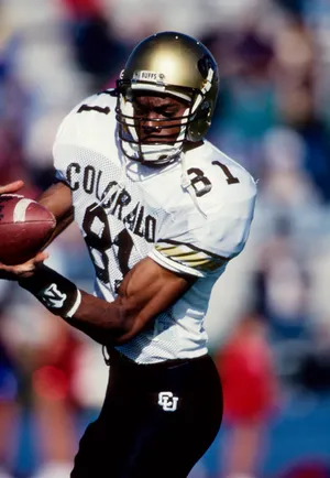 Nov 14, 1992; Lawrence, KS, USA; FILE PHOTO; Colorado Buffaloes receiver Michael Westbrook (81) warms-up prior to facing the Kansas Jayhawks at Memorial Stadium. Mandatory Credit: RVR Photos-USA TODAY Sports