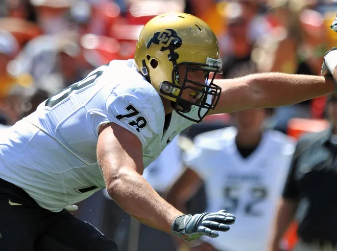 Sept 4, 2010; Denver, CO, USA; Colorado Buffaloes tackle Nate Solder (78) blocks during the game against the Colorado State Rams in the second half at Invesco Field. The Buffaloes defeated the Rams 24-3. Mandatory Credit: Ron Chenoy-USA TODAY Sports
