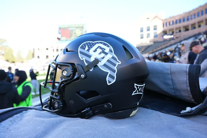 Nov 16, 2024; Boulder, Colorado, USA; Detailed view of a Colorado Buffaloes helmet before the game against the Utah Utes at Folsom Field. Mandatory Credit: Ron Chenoy-Imagn Images