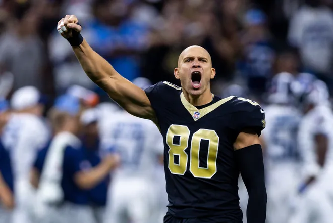 Sep 10, 2023; New Orleans, Louisiana, USA; New Orleans Saints tight end Jimmy Graham (80) during the Who Dat chant during the first half against the Tennessee Titans at the Caesars Superdome. Mandatory Credit: Stephen Lew-USA TODAY Sports