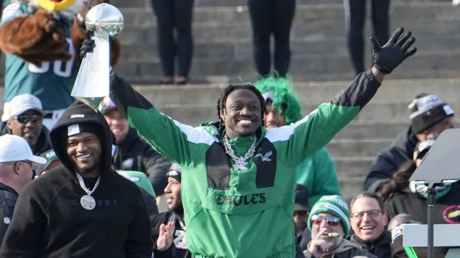 Eagle receiver A.J. Brown gestures during the Philadelphia Eagles Super Bowl celebration in front of the Philadelphia Museum