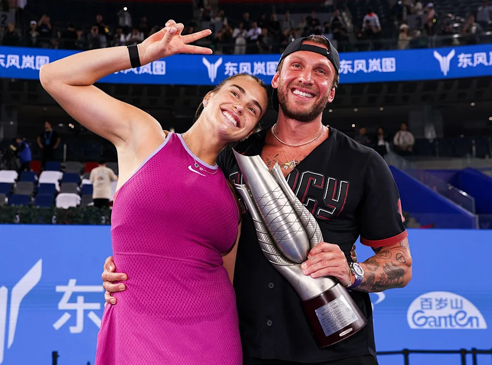 <p>Aryna Sabalenka and Georgios Frangulis</p>