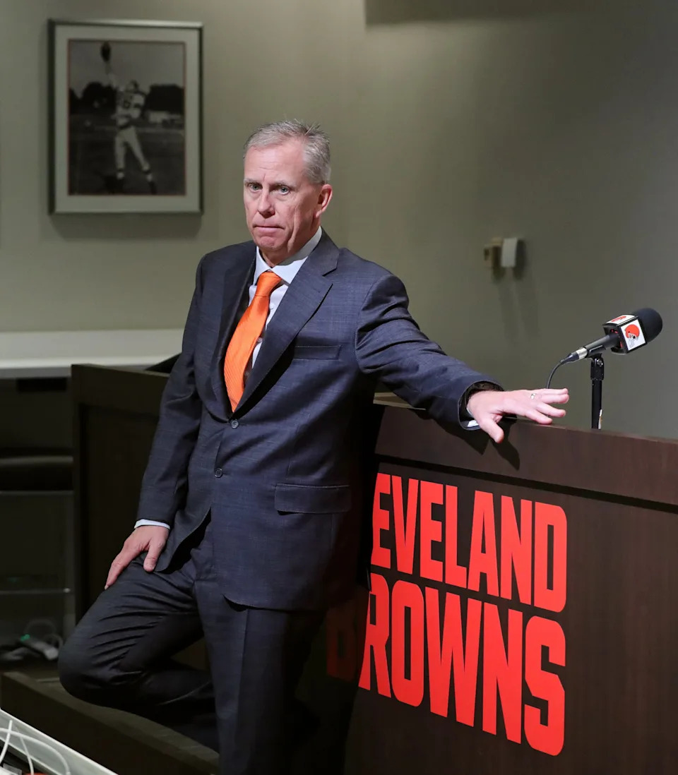 Cleveland Browns head coach Todd Monken chats with reporters after his introductory press conference at the Cleveland Browns training facility, Feb. 3, 2026, in Berea, Ohio.