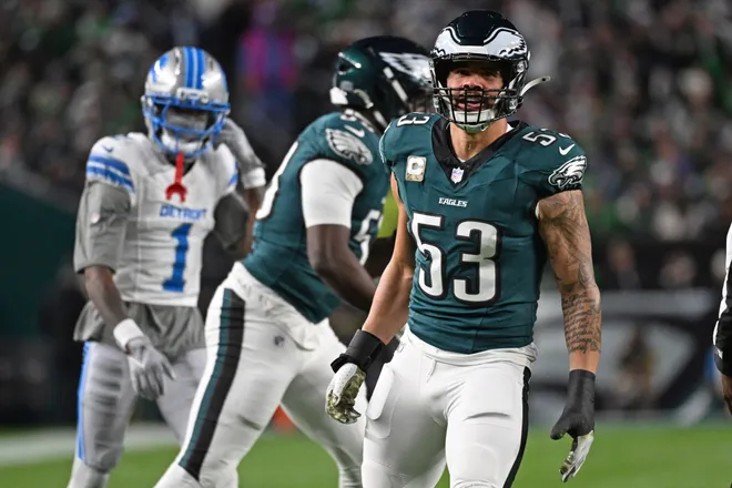 Nov 16, 2025; Philadelphia, Pennsylvania, USA; Philadelphia Eagles linebacker Zack Baun (53) reacts against the Detroit Lions at Lincoln Financial Field. Mandatory Credit: Eric Hartline-Imagn Images