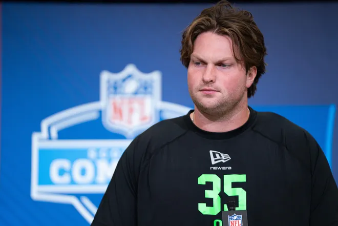 Feb 28, 2026; Indianapolis, IN, USA; Clemson offensive lineman Blake Miller (OL35) speaks to members of the media during the NFL Combine at the Indiana Convention Center. Mandatory Credit: Jacob Musselman-Imagn Images