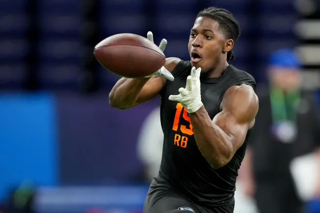 Feb 28, 2026; Indianapolis, IN, USA; Notre Dame running back Jadarian Price (RB15) during the NFL Scouting Combine at Lucas Oil Stadium. Mandatory Credit: Kirby Lee-Imagn Images