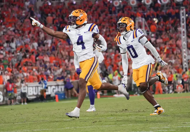 Louisiana State University cornerback Mansoor Delane (4) reacts during the third quarter at Memorial Stadium in Clemson, S.C. Saturday, August 30, 2025.