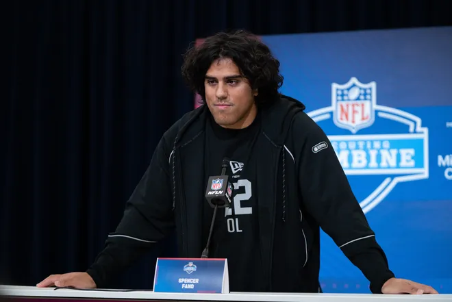 Feb 28, 2026; Indianapolis, IN, USA; Utah offensive lineman Spencer Fano (OL22) speaks to members of the media during the NFL Combine at the Indiana Convention Center. Mandatory Credit: Jacob Musselman-Imagn Images