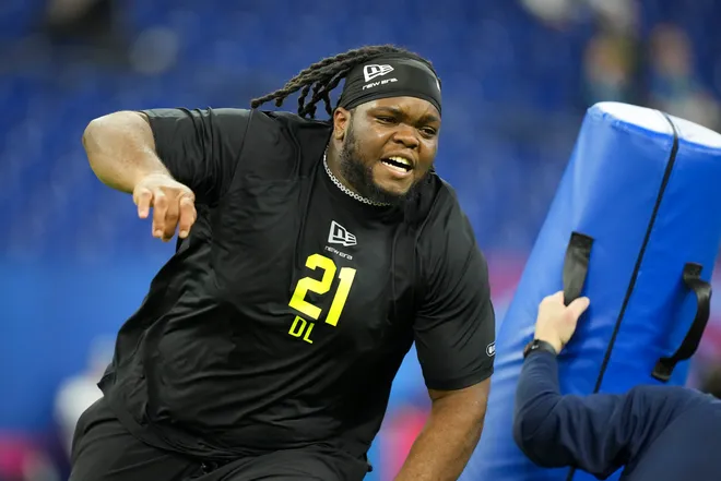 Feb 26, 2026; Indianapolis, IN, USA; Ohio State defensive lineman Kayden McDonald (DL21) during the NFL Scouting Combine at Lucas Oil Stadium. Mandatory Credit: Kirby Lee-Imagn Images