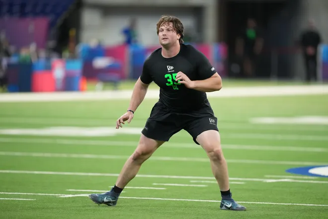 Mar 1, 2026; Indianapolis, IN, USA; Clemson offensive lineman Blake Miller (OL35) during the NFL Scouting Combine at Lucas Oil Stadium. Mandatory Credit: Kirby Lee-Imagn Images