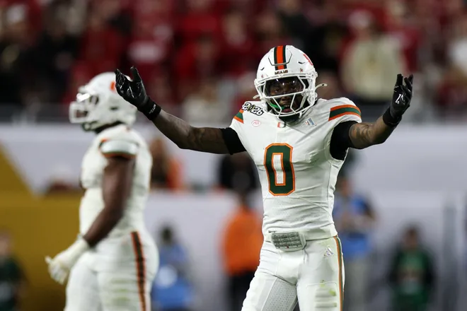 Jan 19, 2026; Miami Gardens, FL, USA; Miami Hurricanes defensive back Keionte Scott (0) reacts in the first half during the College Football Playoff National Championship game at Hard Rock Stadium. Mandatory Credit: Nathan Ray Seebeck-Imagn Images
