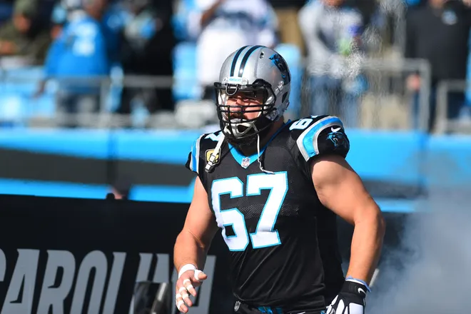 Nov 25, 2018; Charlotte, NC, USA; Carolina Panthers center Ryan Kalil (67) runs on to the field before the game at Bank of America Stadium. Mandatory Credit: Bob Donnan-USA TODAY Sports