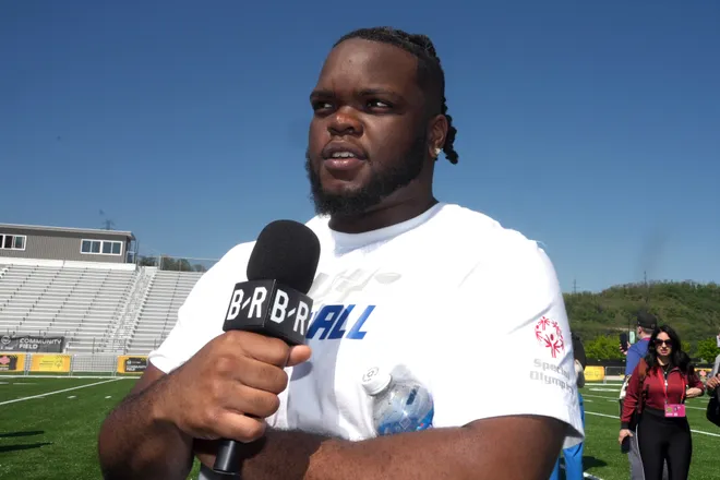 Apr 22, 2026; Pittsburgh, PA, USA; Ohio State Buckeyes defensive tackle Kayden McDonald is interviewed by media during the NFL Draft prospects clinic at Hazelwood Green Park. Mandatory Credit: Kirby Lee-Imagn Images