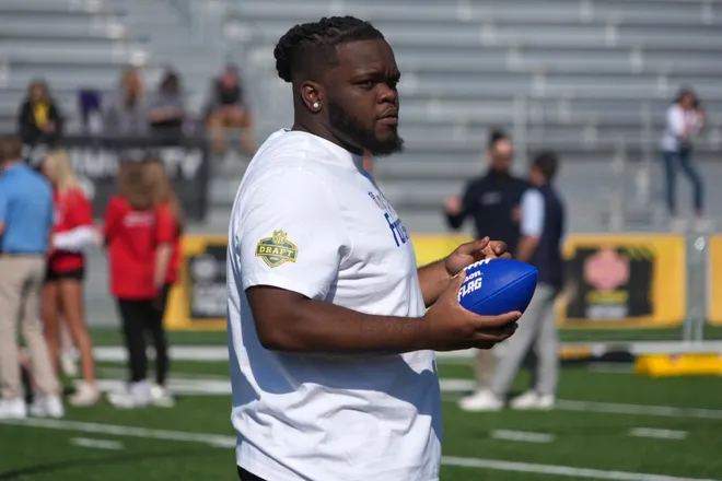 Apr 22, 2026; Pittsburgh, PA, USA; Ohio State Buckeyes defensive tackle Kayden McDonald during the NFL Draft prospects clinic at Hazelwood Green Park. Mandatory Credit: Kirby Lee-Imagn Images