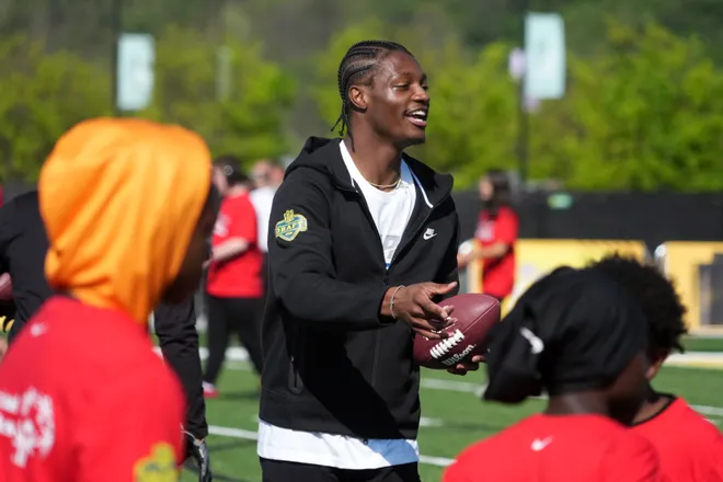 Apr 22, 2026; Pittsburgh, PA, USA; Ohio State Buckeyes receiver Carnell Tate during the NFL Draft prospects clinic at Hazelwood Green Park. Mandatory Credit: Kirby Lee-Imagn Images