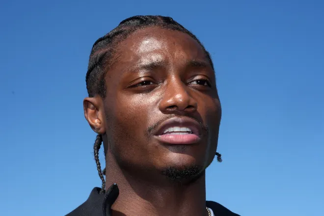 Apr 22, 2026; Pittsburgh, PA, USA; Ohio State Buckeyes receiver Carnell Tate during the NFL Draft prospects clinic at Hazelwood Green Park. Mandatory Credit: Kirby Lee-Imagn Images