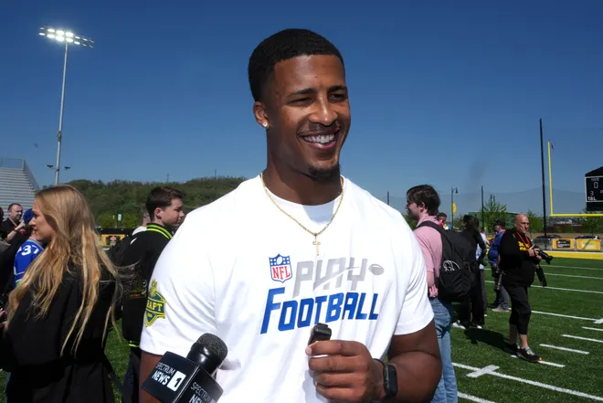 Apr 22, 2026; Pittsburgh, PA, USA; Ohio State Buckeyes linebacker Sonny Styles speaks to media during the NFL Draft prospects clinic at Hazelwood Green Park. Mandatory Credit: Kirby Lee-Imagn Images