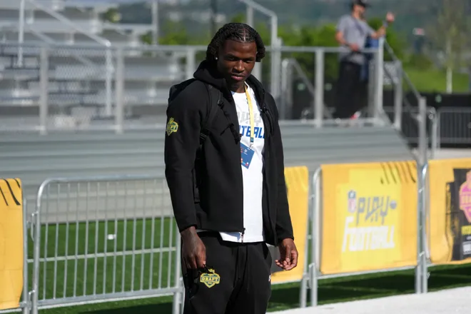 Apr 22, 2026; Pittsburgh, PA, USA; Ohio State Buckeyes linebacker Arvell Reese during the NFL Draft prospects clinic at Hazelwood Green Park. Mandatory Credit: Kirby Lee-Imagn Images
