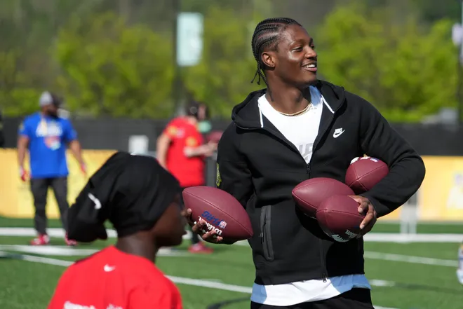 Apr 22, 2026; Pittsburgh, PA, USA; Ohio State Buckeyes receiver Carnell Tate during the NFL Draft prospects clinic at Hazelwood Green Park. Mandatory Credit: Kirby Lee-Imagn Images