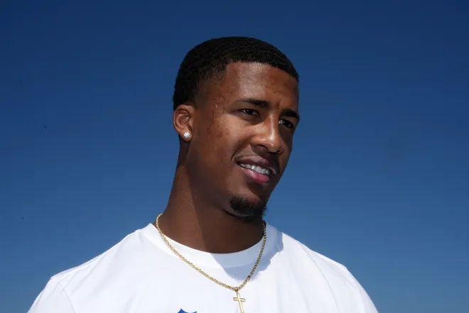Apr 22, 2026; Pittsburgh, PA, USA; Ohio State Buckeyes linebacker Sonny Styles during the NFL Draft prospects clinic at Hazelwood Green Park. Mandatory Credit: Kirby Lee-Imagn Images