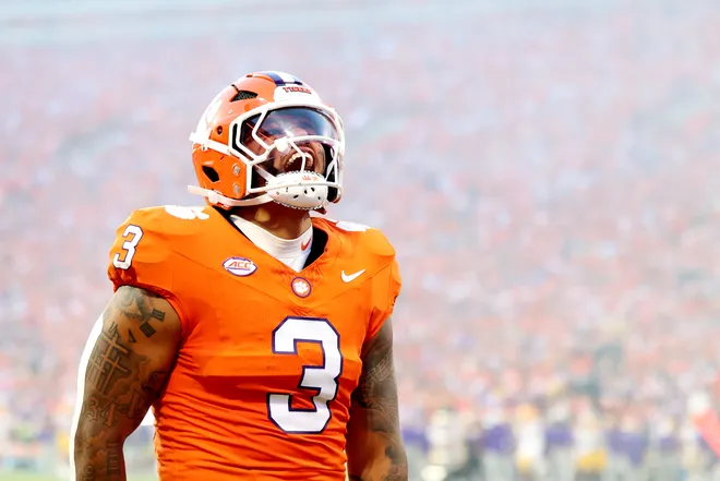 CLEMSON, SOUTH CAROLINA - AUGUST 30: Defensive end T.J. Parker #3 of the Clemson Tigers yells in excitement before the game against the LSU Tigers at Memorial Stadium on August 30, 2025 in Clemson, South Carolina. (Photo by Katie Januck/Getty Images)