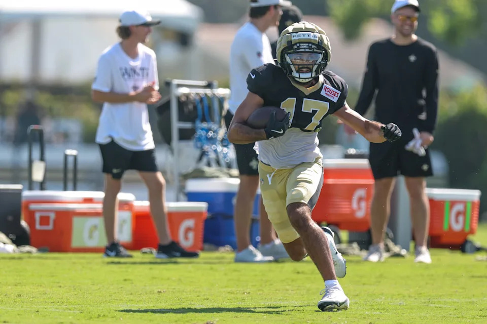 Jul 28, 2025; Metairie, LA, USA; New Orleans Saints wide receiver Dante Pettis (17) at Ochsner Sports Performance Center. Mandatory Credit: Stephen Lew-Imagn Images
