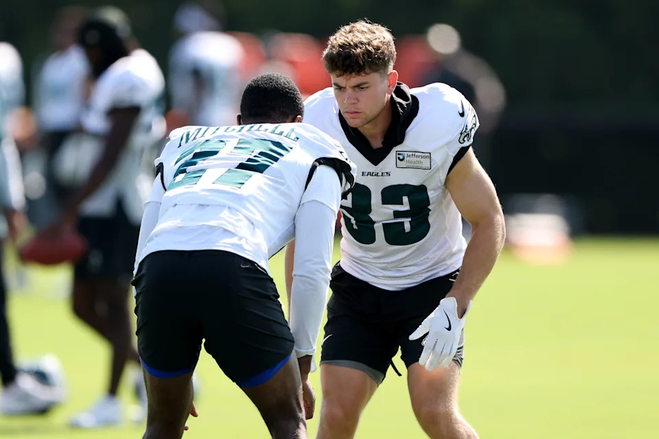 PHILADELPHIA, PENNSYLVANIA - JULY 28: Cooper DeJean #33 and Quinyon Mitchell #27 of the Philadelphia Eagles line up for a drill during the Philadelphia Eagles Training Camp at NovaCare Complex on July 28, 2025 in Philadelphia, Pennsylvania. (Photo by Emilee Chinn/Getty Images)