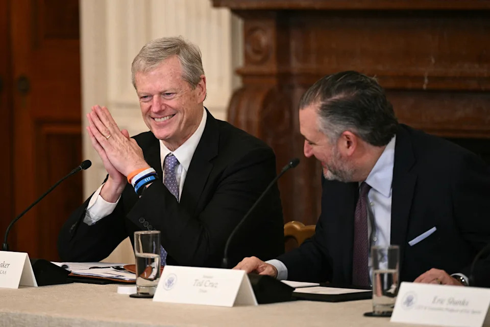 NCAA president Charlie Baker and Senator Ted Cruz (R-TX) talk during a roundtable to "save college sports" in the East Room of the White House in Washington, DC, on March 6, 2026. (Photo by Brendan SMIALOWSKI / AFP via Getty Images)
