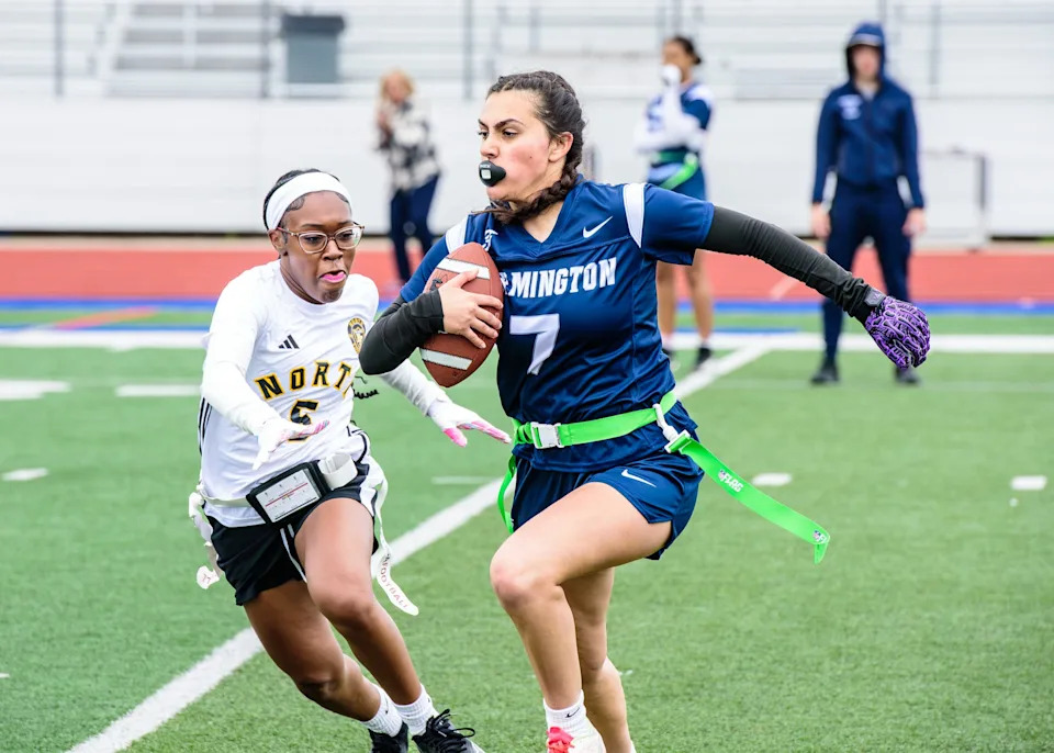 Farmington's Suzy Hakaj rushes during a Michigan Girls High School Flag Football League football game on Saturday, April 25, 2026.