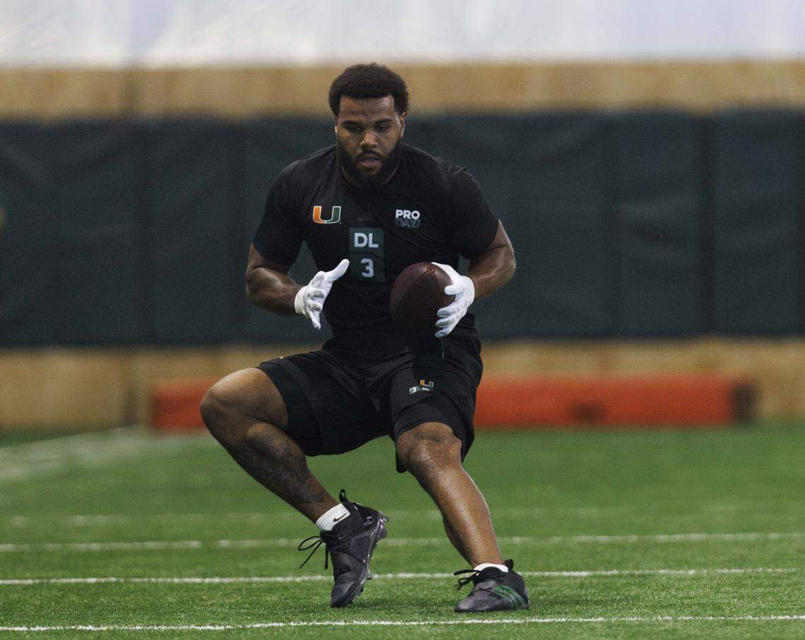 Akheem Mesidor (3), defensive lineman, talks during University of Miami Pro Day workout on Monday, March 23, 2026, at Carol Soffer Indoor Practice Facility in Coral Gables, Fla. 