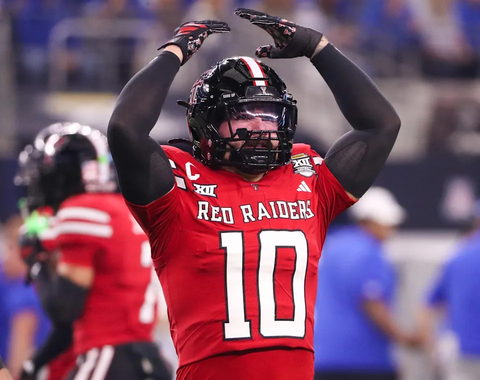 Texas Tech's Jacob Rodriguez asks for more crowd noise during the Big 12 championship game Nov. 6, 2025, at AT&T Stadium in Arlington, Texas.