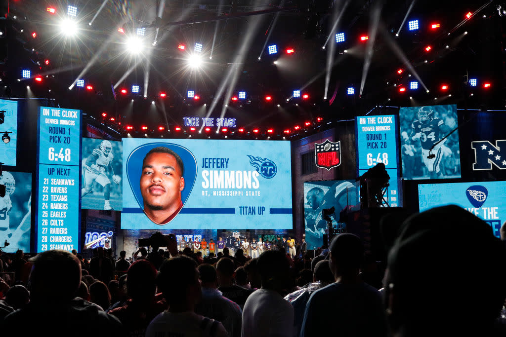 Jeffery Simmons of Mississippi State is announced as the first round pick of the Tennessee Titans during the NFL Draft on April 25, 2019 in Nashville, Tennessee. (Photo by Joe Robbins/Getty Images)